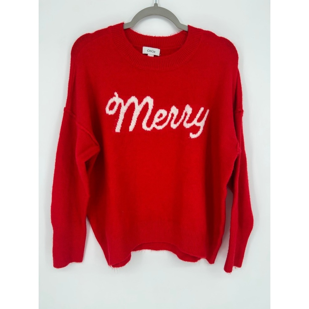 CeCe Sweater Womens Size M Red Merry Graphic Pullover Soft Holiday Christmas